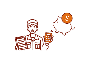 イラスト：豚の貯金箱と従業員が安心価格を案内する様子